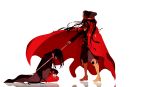  1boy 1girl black_hair boots cape commentary_request covered_face demon_archer fate_(series) from_side hat highres hiiragi_fuyuki holding holding_weapon katana koha-ace long_hair long_sleeves looking_at_another oda_nobukatsu_(fate/grand_order) peaked_cap red_cape simple_background sitting standing sword weapon white_background 