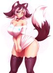  1girl animal_band_legwear animal_ears bell bell_collar black_hair black_legwear blue_eyes breasts cat_band_legwear cat_ears cat_tail cleavage clothes_writing collar commentary curvy flipped_hair heterochromia highres jingle_bell kat_(mazume) large_breasts looking_at_viewer mazume multicolored_hair no_pants off_shoulder orange_eyes original paw_print shirt shirt_tug short_hair slit_pupils solo tail thick_thighs thigh-highs two-tone_hair white_hair white_shirt wide_hips 