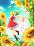  1girl absurdres ascot clouds day flower green_hair highres kazami_yuuka kiratsuki outstretched_arms plaid plaid_skirt red_eyes revision short_hair skirt sky solo sunflower touhou umbrella vest water 