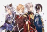  4boys albert_(shingeki_no_bahamut) animal_ears black_hair blonde_hair blue_eyes closed_eyes cravat crossover erun_(granblue_fantasy) granblue_fantasy grey_eyes japanese_clothes katsugeki/touken_ranbu lucifer_(shingeki_no_bahamut) male_focus mikazuki_munechika multiple_boys ponytail red_eyes seruel silver_hair smile sparkle touken_ranbu wrt_(arpaca) 