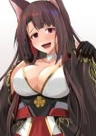  1girl :d akagi_(azur_lane) animal_ears azur_lane blush breasts brown_hair cleavage collarbone commentary_request eyeshadow fox_ears fox_tail hair_tubes highres kanzaki_kureha large_breasts long_hair looking_at_viewer makeup multiple_tails open_mouth red_eyes smile solo tail upper_body 
