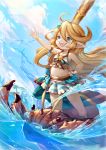  1girl :d blonde_hair blue_eyes blush charlotta_(granblue_fantasy) clouds commentary crown day eyebrows_visible_through_hair frilled_swimsuit frills full_body granblue_fantasy hair_between_eyes hair_ornament hand_on_hip harbin long_hair navel open_mouth outdoors outstretched_arm pointy_ears sky smile standing star star_hair_ornament striped striped_swimsuit swimsuit very_long_hair water xion_(nyoxion) 
