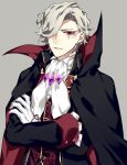  1boy edmond_dantes_(fate/grand_order) fate/grand_order fate_(series) formal highres looking_at_viewer male_focus short_hair simple_background smile suit syubare vampire wavy_hair white_hair 