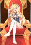  1girl azur_lane blonde_hair blue_eyes blush boronoki crown fang feet flat_chest gloves hairband highres legs_crossed long_hair no_shoes open_mouth queen_elizabeth_(azur_lane) sitting solo thigh-highs throne throne_room white_gloves white_legwear 