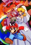  1girl 2boys blonde_hair bouquet bowser breasts bridal_veil brown_hair cappy_(mario) claws cleavage dress earth elbow_gloves facial_hair fangs flower gloves hat highres horns looking_at_viewer mario super_mario_bros. monster_boy multiple_boys mustache overalls piranha_plant princess_peach redhead robert_porter spikes super_mario_odyssey tiara top_hat veil wedding_dress white_gloves 