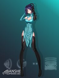  absurdres banshee_(warframe) blue_eyes cleavage_cutout headset highres kai_(pixiv12466647) personification short_hair thigh-highs warframe 