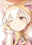 1girl ;) animal_ears blonde_hair bow bowtie brown_eyes commentary dot_nose elbow_gloves eyebrows_visible_through_hair face fennec_(kemono_friends) fox_ears gloves hand_on_own_cheek highres kemono_friends looking_at_viewer one_eye_closed pink_shirt portrait puffy_sleeves shirt short_hair smile solo yasume_yukito yellow_gloves yellow_neckwear 