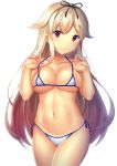  1girl bikini breasts cleavage closed_mouth cowboy_shot eyebrows_visible_through_hair hair_flaps hair_ornament hair_ribbon hairclip highres kantai_collection light_brown_hair long_hair medium_breasts navel red_eyes remodel_(kantai_collection) ribbon shiny shiny_skin side-tie_bikini simple_background smile solo strap_lift swimsuit tsukimizu_(ordeal) white_background white_bikini yuudachi_(kantai_collection) 