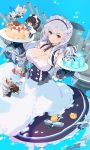  6+girls ahoge aircraft airplane animal_ears aqua_background azur_lane belfast_(azur_lane) black_hair bomb bow braid breasts buttons cake cannon chains choker cleavage collarbone commentary_request curly_hair dress eyebrows_visible_through_hair falling food fox_ears fox_girl fox_mask fox_tail french_braid frills fruit hair_between_eyes hat headgear heart_ahoge heterochromia hitodama holding holding_knife holding_plate illustrious_(azur_lane) indianapolis_(azur_lane) japanese_clothes jitome kaga_(azur_lane) knife large_breasts looking_at_viewer machinery maid maid_headdress mask minigirl multiple_girls pantyhose plate ponytail shouhou_(azur_lane) sitting smile strawberry tail takao_(azur_lane) tanaka_(cow) thigh-highs violet_eyes white_bow white_dress white_hair yellow_eyes 