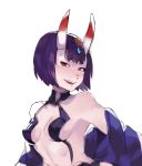  1girl :d armpits bangs bare_shoulders blush breasts eyeshadow fang fate/grand_order fate_(series) highres horns idk-kun japanese_clothes kimono looking_at_viewer makeup off_shoulder oni oni_horns open_mouth purple_hair purple_kimono revealing_clothes short_eyebrows shuten_douji_(fate/grand_order) simple_background sketch small_breasts smile solo upper_body violet_eyes white_background 