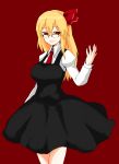 1girl bespectacled black_dress black_skirt blonde_hair breasts dress glasses han_(jackpot) highres juliet_sleeves large_breasts light_smile long_sleeves looking_at_viewer medium_hair older puffy_sleeves red_background red_eyes red_neckwear red_ribbon ribbon ringed_eyes rumia shirt simple_background skirt solo touhou white_shirt 