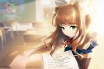  1girl bangs black_legwear bow breasts brown_hair chalkboard classroom commentary copyright_name doki_doki_literature_club english eyebrows_visible_through_hair giving green_eyes hair_bow indoors jisuart leaning_forward long_hair looking_at_viewer medium_breasts monika_(doki_doki_literature_club) official_art pencil poem ponytail school_uniform shirt smile solo sunlight thigh-highs white_bow 