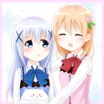  2girls :3 :d :o ^_^ angora_rabbit animal bangs blue_eyes blue_neckwear blue_vest blush bow bowtie breasts buttons closed_eyes collared_shirt eyebrows_visible_through_hair facing_another gochuumon_wa_usagi_desu_ka? hair_between_eyes hair_ornament hairclip holding holding_animal hoto_cocoa kafuu_chino light_blue_hair long_hair lunatic. multiple_girls open_mouth orange_hair outstretched_arms pink_border pink_vest rabbit rabbit_house_uniform red_neckwear shirt sidelocks small_breasts smile tippy_(gochiusa) two-tone_background upper_body vest white_shirt wing_collar x_hair_ornament 