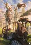  aircraft airship blue_sky bridge chimney clouds cloudy_sky commentary_request fantasy grass ground_vehicle highres house no_humans original outdoors path railroad_tracks river road scenery signature sky smoke tower train water water_wheel waterfall windmill you_shimizu 
