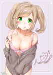  1girl aran_sweater bare_shoulders blush bow bow_bra bra breasts cleavage collarbone green_eyes highres idolmaster idolmaster_cinderella_girls licking_lips light_brown_hair long_sleeves looking_at_viewer medium_breasts off_shoulder pink_bra satou_shin shiratama_akane smile solo sweater tongue tongue_out twintails underwear 