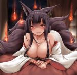  1girl :d akagi_(azur_lane) animal_ears ashfair azur_lane bangs bare_shoulders bed_sheet black_hair blush breasts cleavage collarbone eyebrows_visible_through_hair fire flame fox_ears fox_tail indoors kitsune large_breasts long_hair long_sleeves looking_at_viewer multiple_tails off_shoulder on_bed open_mouth own_hands_together red_eyes red_ribbon ribbon sidelocks smile solo tail very_long_hair wide_sleeves wrist_ribbon 