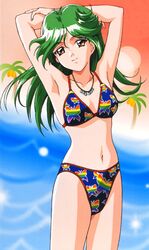  1girl animal_print armpits arms_behind_head arms_up asou_kasumi bangs bikini butterfly_print collarbone cowboy_shot eyebrows_visible_through_hair green_hair jewelry kokura_masashi konami long_hair multicolored multicolored_clothes multicolored_swimsuit navel necklace official_art orange_eyes smile solo swimsuit tokimeki_memorial tokimeki_memorial_2 