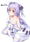  1girl :o azur_lane bangs bare_shoulders black_bow black_ribbon blush bow collarbone commentary_request dress elbow_gloves eyebrows_visible_through_hair gloves hair_ribbon henet_hene holding holding_stuffed_animal long_hair looking_at_viewer looking_to_the_side parted_lips purple_hair ribbon simple_background sitting solo strapless strapless_dress stuffed_animal stuffed_toy stuffed_unicorn thigh-highs twitter_username two_side_up unicorn_(azur_lane) very_long_hair violet_eyes wariza white_background white_dress white_gloves white_legwear 