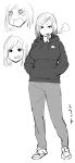  1girl breasts hands_in_pockets highres hood hoodie large_breasts looking_at_viewer monochrome open_mouth pants shoes short_hair simple_background sketch smile sneakers solo synecdoche white_background 