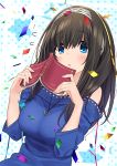  1girl absurdres baffu black_hair blue_eyes blush book breasts commentary_request confetti hairband highres holding holding_book idolmaster idolmaster_cinderella_girls jewelry long_hair looking_at_viewer necklace off-shoulder_shirt pendant sagisawa_fumika shirt 