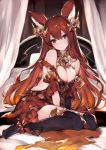  1girl animal_ears anthuria bare_shoulders between_legs black_gloves black_legwear breasts bright_pupils cleavage cleavage_cutout closed_mouth dress elbow_gloves erun_(granblue_fantasy) gloves gradient_hair granblue_fantasy hair_between_eyes hair_ornament hand_between_legs head_tilt highres indoors large_breasts leaning_forward long_hair looking_at_viewer multicolored_hair off-shoulder_dress off_shoulder on_bed orange_hair oyu_(sijimisizimi) red_dress red_eyes redhead single_elbow_glove sitting smile solo thigh-highs two-tone_hair very_long_hair wariza 