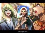  1girl 4boys black_hair blonde_hair blush closed_eyes commentary_request earrings enkidu_(fate/strange_fake) fate/grand_order fate_(series) gilgamesh green_hair hand_to_own_mouth hat holding holding_spear holding_weapon jewelry multiple_boys open_mouth polearm red_eyes siduri_(fate/grand_order) spear sunlight sweat tattoo veil weapon zeromomo0100 