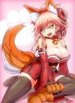  1girl animal_ears bell bell_collar blush_stickers breasts cleavage collar fate/grand_order fate_(series) fox_ears fox_tail graphite_(medium) hair_ribbon highres kiyukisuke large_breasts long_hair looking_at_viewer mechanical_pencil nib_pen_(medium) open_mouth paws pencil pink_hair ribbon sitting solo tail tamamo_(fate)_(all) tamamo_cat_(fate) traditional_media yellow_eyes 