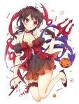  1girl asymmetrical_wings bare_legs bare_shoulders basket black_dress black_hair black_nails breasts candy closed_mouth commentary_request dress fake_horns food full_body hairband halterneck high_heels houjuu_nue jack-o&#039;-lantern konnyaku_(yuukachan_51) leg_garter licking_lips medium_breasts nail_polish polearm red_eyes red_footwear red_hairband red_nails shoes short_dress simple_background solo tongue tongue_out touhou trident weapon white_background wings 