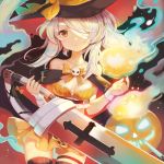  1girl ayanami_(azur_lane) azur_lane bandage bandaged_arm bare_shoulders breasts commentary cowboy_shot dress hair_over_one_eye halloween halloween_costume hat holding holding_sword holding_weapon long_hair looking_at_viewer medium_breasts orange_dress orange_eyes parted_lips pumpkin sibyl solo sword thigh-highs weapon white_hair witch_hat wrist_cuffs 