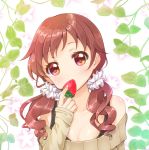  1girl blush breasts brown_eyes brown_hair brown_sweater collarbone commentary_request covered_mouth eyelashes fingernails food fruit gochuumon_wa_usagi_desu_ka? hair_ornament hair_over_shoulder hair_scrunchie hand_up head_tilt highres holding holding_fruit leaf long_hair long_sleeves looking_at_viewer low_twintails natsu_megumi off-shoulder_sweater plant ringlets scrunchie sleeves_past_wrists small_breasts solo strawberry sweater tesserao twintails vines white_background white_scrunchie 