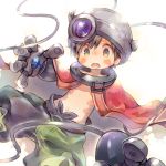  1boy :o android black_hair cape collar commentary_request dutch_angle facial_mark green_eyes green_pants helmet horned_helmet kuga_tsukasa looking_at_viewer made_in_abyss male_focus mechanical_arms navel pants red_cape regu_(made_in_abyss) simple_background solo white_background 