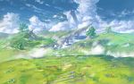  blue_sky cliff clouds cloudy_sky day fantasy field flower grass highres no_humans outdoors oversized_object ruins scenery sky tree valley you_shimizu 
