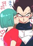  1boy 1girl armor black_eyes black_hair blue_hair blush bulma cheek_kiss closed_eyes couple crossed_arms dragon_ball dragonball_z frown gloves heart kiss looking_away miiko_(drops7) pink_shirt shirt short_hair simple_background sweatdrop translation_request vegeta white_background 