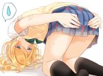  1girl ayase_eli black_legwear blonde_hair blue_eyes blush bow bowtie commentary_request green_neckwear half-closed_eyes hands_on_own_ass kneehighs kneeling looking_at_viewer love_live! love_live!_school_idol_project mogu_(au1127) ponytail school_uniform short_sleeves skirt solo spoken_sweatdrop striped_neckwear sweat sweatdrop sweater_vest tears white_background 