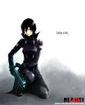 1girl androgynous arm_cannon black_hair blame! breasts graviton_beam_emitter gun highres sanakan short_hair simple_background solo tsukasa_(evening-g-low) weapon 