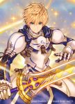  &gt;:) 1boy armor bangs blonde_hair blue_background breastplate closed_mouth commentary_request cowboy_shot excalibur_(fate/prototype) fate/prototype fate/prototype:_fragments_of_blue_and_silver fate_(series) faulds gauntlets holding holding_sword holding_weapon hoshizaki_reita looking_at_viewer male_focus saber_(fate/prototype) solo sparks spaulders standing sword watermark weapon 