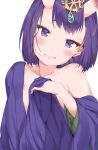  1girl :q bare_shoulders blush bob_cut closed_mouth eyebrows_visible_through_hair fate/grand_order fate_(series) hair_in_mouth highres horns looking_at_viewer oni oni_horns pixel_(yuxian) purple_hair short_hair shuten_douji_(fate/grand_order) simple_background solo tongue tongue_out violet_eyes white_background 
