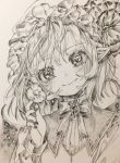  1girl bat_wings brooch closed_mouth eyelashes fangs flower gotoh510 greyscale hat hat_flower head_tilt highres holding holding_flower jewelry long_sleeves looking_at_viewer mob_cap monochrome nail_polish pointy_ears remilia_scarlet smile solo touhou traditional_media upper_body wings 