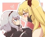  2girls anne_bonny_(fate/grand_order) black_gloves blush face-to-face fate/grand_order fate_(series) from_side gloves hairband hands_on_another&#039;s_cheeks hands_on_another&#039;s_face heart kagosumi looking_at_another mary_read_(fate/grand_order) multiple_girls open_mouth scrunchie silver_hair twintails yuri 