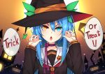  &gt;:o 1girl :o blue_eyes blue_hair brown_shirt choker commentary english hair_between_eyes halloween hands_up hat healther heterochromia long_hair long_sleeves looking_at_viewer orange_eyes original purple_neckwear sailor_collar shirt solo trick_or_treat upper_body witch_hat 