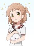  1girl :3 =_= angora_rabbit animal bangs blouse blush breasts closed_eyes closed_mouth collarbone commentary extra eyebrows_visible_through_hair flower gochuumon_wa_usagi_desu_ka? holding holding_animal hoto_cocoa&#039;s_school_uniform light_brown_hair looking_at_viewer one_side_up petting plaid_sailor_collar rabbit red_sailor_collar red_star_(toranecomet) sailor_collar school_uniform serafuku short_hair short_sleeves small_breasts tippy_(gochiusa) upper_body white_background white_blouse yellow_eyes 
