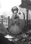  1girl bangs bouquet bow bowtie bush flower gate glint greyscale hairband happy heart highres jewelry komeiji_satori looking_at_viewer monochrome outdoors pillar plant recare ring shirt short_hair skirt smile solo standing tears third_eye touhou tree wedding_band wide_sleeves 