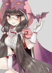  1girl arm_warmers bat blush brown_hair fate/grand_order fate_(series) glasses highres hood long_hair low_twintails osakabe-hime_(fate/grand_order) sweatdrop twintails very_long_hair 