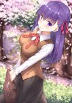  1girl blurry breasts briefcase cherry_blossoms depth_of_field fate/stay_night fate_(series) hair_ribbon half_updo large_breasts long_hair long_sleeves matou_sakura purple_hair ribbon rong_yi_tan school_uniform skirt solo violet_eyes 