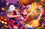  1girl abe_nana artist_request bow brown_eyes brown_hair candy cape dress food fruit ghost gloves halloween hat idolmaster idolmaster_cinderella_girls idolmaster_cinderella_girls_starlight_stage magic night ponytail pumpkin ribbon skirt solo star thigh-highs wand witch witch_hat 
