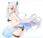  1girl akyorapenyo ass azur_lane bikini black_bikini breasts cowboy_shot from_behind highres innertube large_breasts long_hair multicolored_hair orange_eyes prinz_eugen_(azur_lane) side-tie_bikini silver_hair simple_background solo swimsuit thigh_strap two_side_up under_boob white_background 