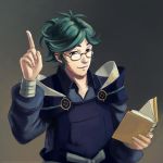  1boy book fire_emblem fire_emblem_if glasses green_eyes green_hair holding holding_book index_finger_raised japanese_clothes simple_background solo traditional_media watercolor_(medium) yukimura_(fire_emblem_if) 