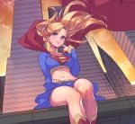  1girl arm_support bangs belt blue_eyes blue_skirt blush breasts building cape cityscape closed_mouth commentary_request cropped_shirt day dc_comics feet_out_of_frame floating_hair from_below kotatsu_(g-rough) legs_together long_hair long_sleeves looking_at_viewer medium_breasts midriff navel outdoors pink_lips pleated_skirt red_cape sitting skirt skyscraper solo sunset supergirl yellow_sky 