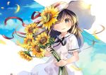  1girl black_ribbon blue_sky blush brown_hair clouds cloudy_sky commentary_request day dress flower green_eyes hat holding holding_flower kuga_tsukasa long_hair looking_at_viewer neck_ribbon one_eye_closed original outdoors parted_lips petals ribbon sailor_collar short_sleeves sky smile solo summer sun_hat sundress sunflower upper_body white_dress 