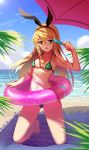  1girl :o arm_up bare_arms bare_legs bare_shoulders barefoot beach beach_towel beach_umbrella bikini black_hairband black_ribbon blonde_hair blue_sky blush breasts brown_eyes clouds collarbone condensation_trail day food full_body green_bikini hair_ribbon hairband holding holding_food horizon innertube kantai_collection kneeling looking_at_viewer navel nose_blush ocean open_mouth outdoors popsicle ribbon shimakaze_(kantai_collection) sky small_breasts solo stomach swimsuit towel transparent umbrella zqzqy 